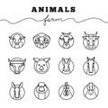 Vector collection of illustrations of farm animals icons in linear style isolated white background.