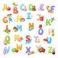 Vector collection of isolated cartoon letters of the English alphabet with colorful illustrations.