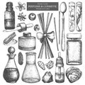 Vector collection of jars and bottles. Vintage Hand drawn Perfumery and cosmetics production ingredients set. Aromatic and medicin