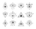 Vector collection line art mystic eyes tattoo. Set of providence sight witchcraft symbol. Evil eye amulet. Esoteric sign Royalty Free Stock Photo