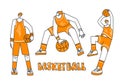 Vector collection of lined doodle and hand draw illustration of basketball players. Man playing in basketball, throwing