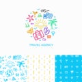 Vector collection of logo design template and seamless patterns - simple symbols of summer vacation made in linear style.