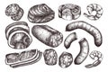 Vector collection of meat, seafood and fish produchts sketches . Hand drawn Pizza ingredients. Vintage food illustrations on white
