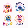 Vector collection of Mexico emblems with ornament skull, text, traditional pattern isolated on light textured background.