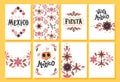 Vector collection of Mexico hand drawn style cards with traditional patterns, decor elements, fiesta lettering on different backgr