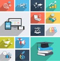 Vector collection of modern flat icons with long shadow. Design elements for mobile and web applications. Royalty Free Stock Photo