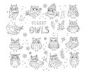 Vector line doodle collection of black owls