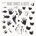 Vector collection of paint prints - footsteps, pawprints, palms, shapes of hearts, cat fish, inkblots