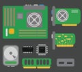 Vector collection of personal computer parts: motherboard, video Royalty Free Stock Photo