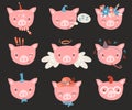 Vector collection with piglet faces. Emoji. Sleeping, angel, four-eyes and other costumes.