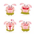 Vector collection of portrait of cute smiling little pig character in green pants in flat cartoon style standing isolated on white