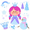 Beautiful snow princess and castle. Vector illustration collection.