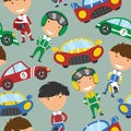 Vector collection of racing drivers and sport cars seamless pattern