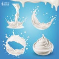 Vector collection of realistic milk splashes or waves with drops. Bowl of cream or yogurt, milky dessert. Crown shaped liquid Royalty Free Stock Photo