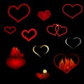 Vector collection of red hearts of different shapes on a black background