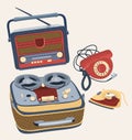 Vector set of retro devices. Radio, tape recorder, telephone, electric iron. Royalty Free Stock Photo