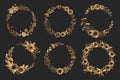 Vector collection of round gold wreaths from hand drawn flowers, leaves and branches isolated on black background. Elegant floral Royalty Free Stock Photo