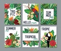 Vector collection with six cards, notes and banners with toucan, exotic flowers, plants and leaves. Royalty Free Stock Photo