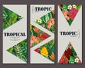 Vector collection with six cards, notes and banners with toucan, exotic flowers, plants and leaves. Royalty Free Stock Photo