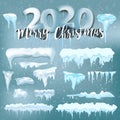 2020 Vector collection of snow caps, pile, icicles, isolated on background, transparent, ice, snowball and snowdrift. 3d Winter Royalty Free Stock Photo