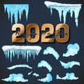 2020 Vector collection of snow caps, pile, icicles, isolated on background, transparent, ice, snowball and snowdrift. 3d Winter Royalty Free Stock Photo