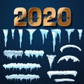 2020 Vector collection of snow caps, pile, icicles, isolated on background, transparent, ice, snowball and snowdrift. 3d Winter Royalty Free Stock Photo