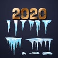 2020 Vector collection of snow caps, pile, icicles, isolated on background, transparent, ice, snowball and snowdrift. 3d Winter Royalty Free Stock Photo