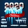 2020 Vector collection of snow caps, pile, icicles, isolated on background, transparent, ice, snowball and snowdrift. 3d Winter Royalty Free Stock Photo