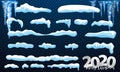 2020 Vector collection of snow caps, pile, icicles, isolated on background, transparent, ice, snowball and snowdrift. 3d Winter Royalty Free Stock Photo