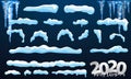 2020 Vector collection of snow caps, pile, icicles, isolated on background, transparent, ice, snowball and snowdrift. 3d Winter Royalty Free Stock Photo