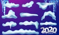 2020 Vector collection of snow caps, pile, icicles, isolated on background, transparent, ice, snowball and snowdrift. 3d Winter Royalty Free Stock Photo