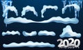 2020 Vector collection of snow caps, pile, icicles, isolated on background, transparent, ice, snowball and snowdrift. 3d Winter Royalty Free Stock Photo