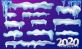 2020 Vector collection of snow caps, pile, icicles, isolated on background, transparent, ice, snowball and snowdrift. 3d Winter Royalty Free Stock Photo