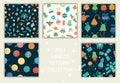 Vector collection of space seamless patterns. Bright and cheerful repeat backgrounds with planets, stars, space technics, aliens, Royalty Free Stock Photo