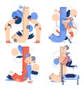 Vector collection with sport letters J. J for skipping rope judo jogging and jumping platform and women doing sports activities