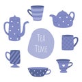 Vector collection of tea cups and teapots on a white background. Tea time.