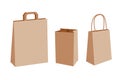 Vector collection of three empty paper bags with handles and without. Kraft package illustration isolated on white background.