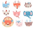 Vector collection with tiny animal faces in winter costumes. Emo Royalty Free Stock Photo