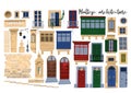 Vector collection of traditional maltese architectural elements with various decorations and colors