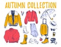 Vector collection of trendy autumn & winter female wardrobe clothing & accessory elements: jacket, boot, bag, jeans etc isolated o