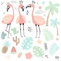 Vector collection of tropical isolated icons: flamingo, palm, leaves, monstera, cactus, pineapple, watermelon, strawberry. Summer