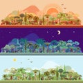 Vector collection of tropical rainforest landscapes with palms and other tropical trees in different colors - nignt