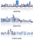 Vector collection of United States cityscapes: Boston, Seattle, Portland skylines in tints of blue color palette. ÃÂ¡rystal Royalty Free Stock Photo