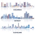 Vector collection of United States cityscapes: Columbus, Detroit, Cleveland skylines in tints of blue color palette. ÃÂ¡rystal