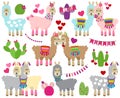 Vector Collection of Valentine`s Day Themed Llamas with Cactus