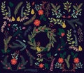 Vector Collection of Vintage Style Hand Drawn Christmas Holiday Florals Royalty Free Stock Photo