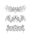 Vector collection of vintage vignettes of dead bull skulls, angel wings, coat of arms with flowers and ribbons