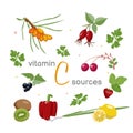 A set of different vegetables, fruits and plants-sources of vitamin C