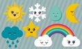 Vector collection of weather characters. Cute smiling faces sun, moon, star, rainbow, cloud, snowflake, rain drop. Royalty Free Stock Photo