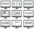 vector collection of web development icons: html, css, tag, mysql, curves, php, script, style, javascript - isolated on white